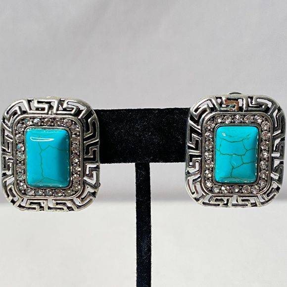 Southwest Style Earrings & Ring Faux Turquoise Stones Rhinestones Silver Frame - Picture 3 of 15